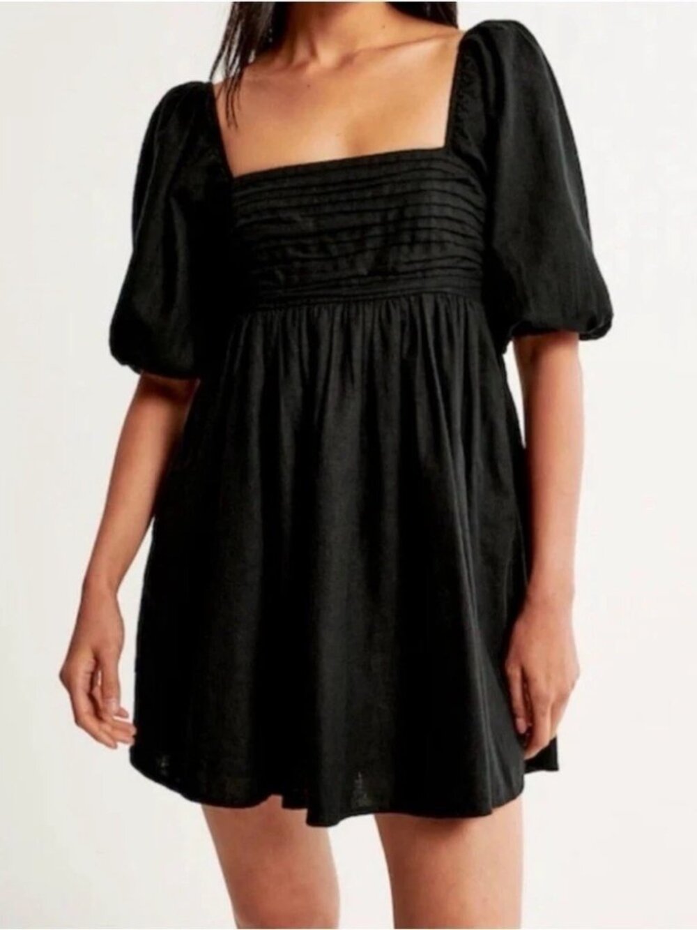 Abercrombie & Fitch Emerson Poplin Ruched Puff Sleeve Dress, Black, Size Medium